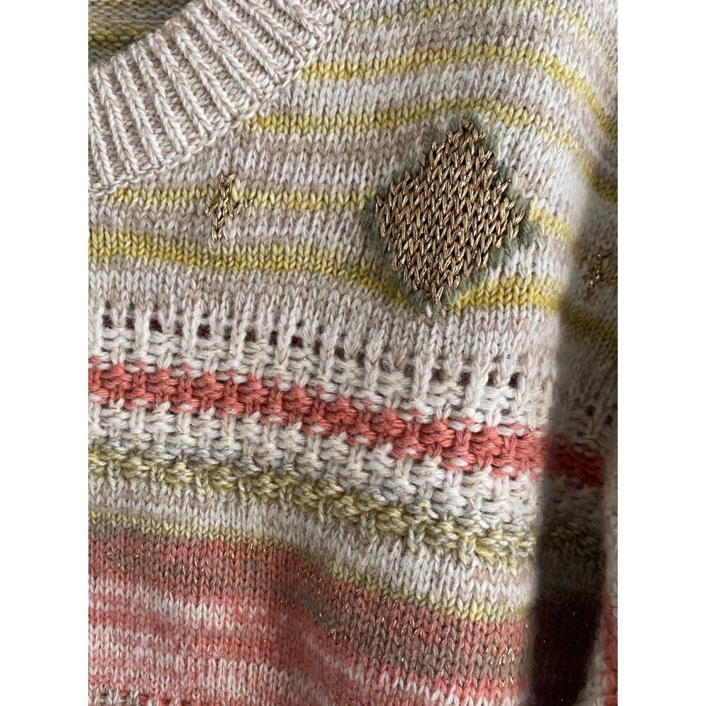 Etro Milano Textured Knit Sweater Gold Diamond Stripe Crew Boho Cottagecore Sz42 - Picture 5 of 12